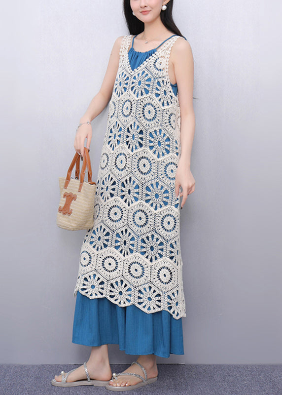 Casual V Neck Hollow Out Long Spaghetti Strap Dress Two Pieces Set Sleeve