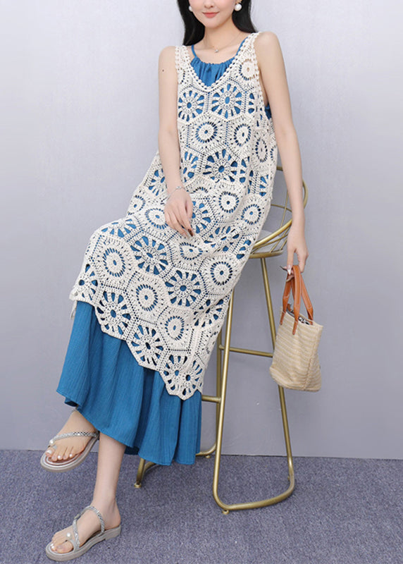 Casual V Neck Hollow Out Long Spaghetti Strap Dress Two Pieces Set Sleeve