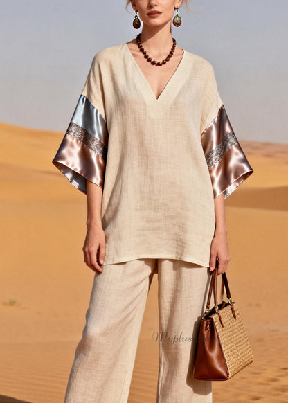 Casual V Neck Patchwork Linen Silk Women Sets 2 Pieces Summer