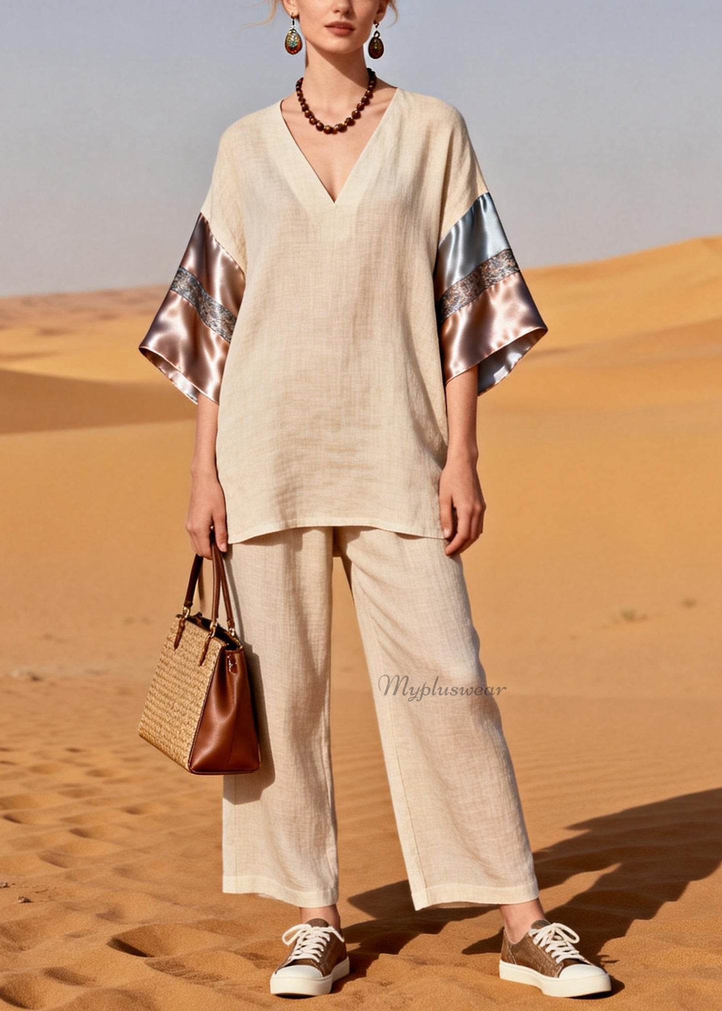 Casual V Neck Patchwork Linen Silk Women Sets 2 Pieces Summer