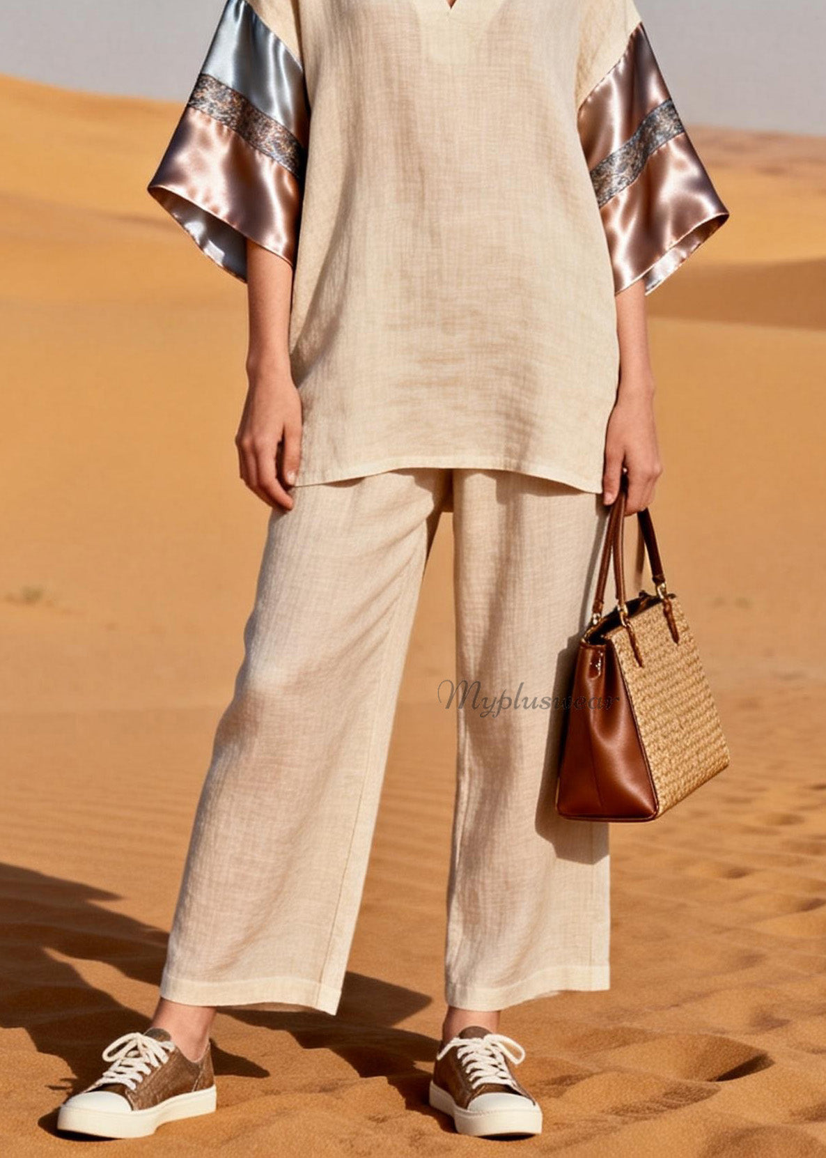 Casual V Neck Patchwork Linen Silk Women Sets 2 Pieces Summer