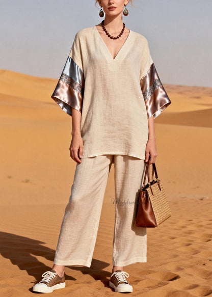 Casual V Neck Patchwork Linen Silk Women Sets 2 Pieces Summer