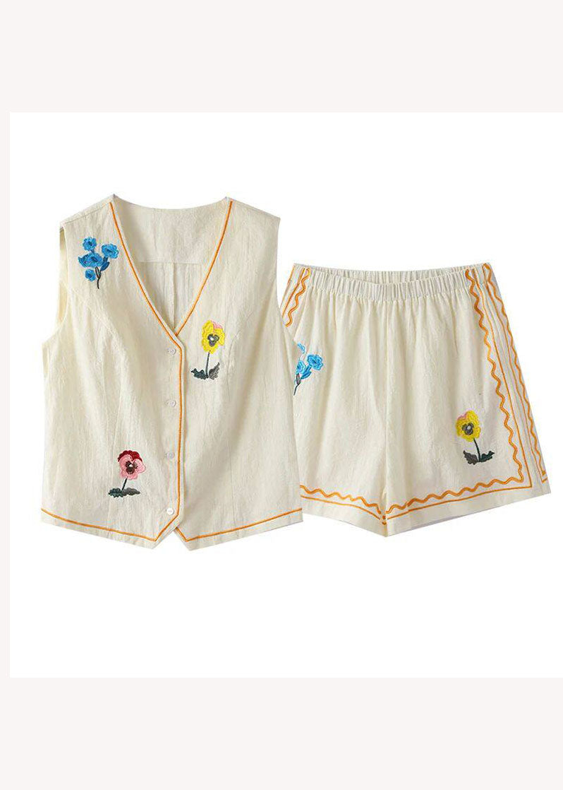 Casual V Neck Print Pockets Cotton Two Pieces Set Summer