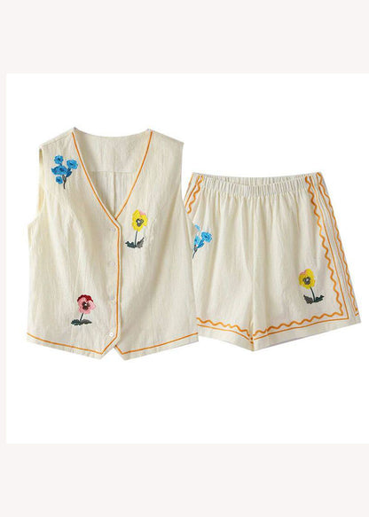 Casual V Neck Print Pockets Cotton Two Pieces Set Summer