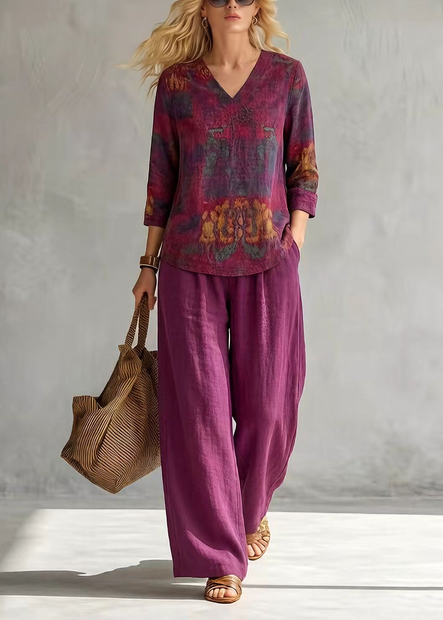 Casual V Neck Print Top And Pants Cotton Two-Piece Set Summer