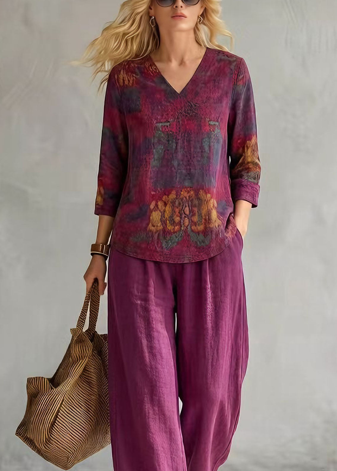 Casual V Neck Print Top And Pants Cotton Two-Piece Set Summer