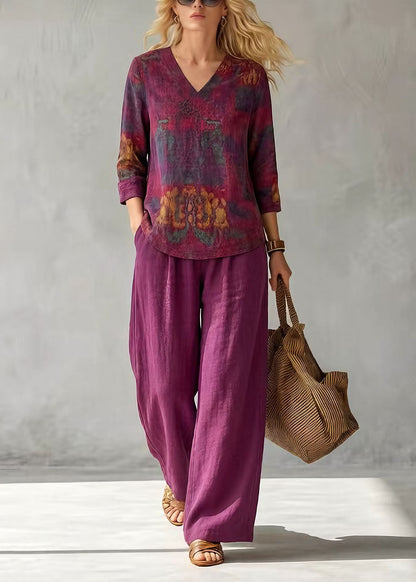 Casual V Neck Print Top And Pants Cotton Two-Piece Set Summer