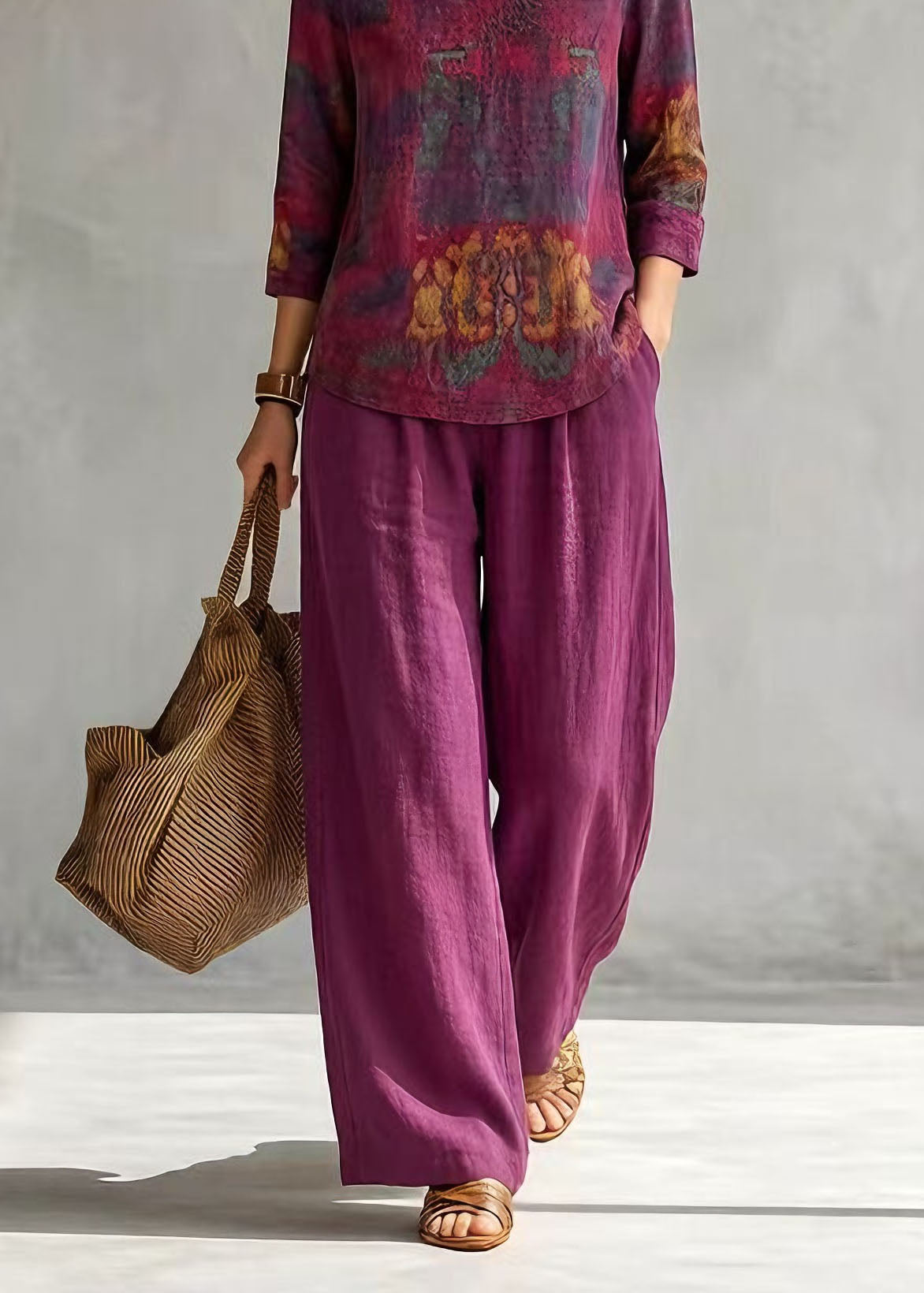 Casual V Neck Print Top And Pants Cotton Two-Piece Set Summer