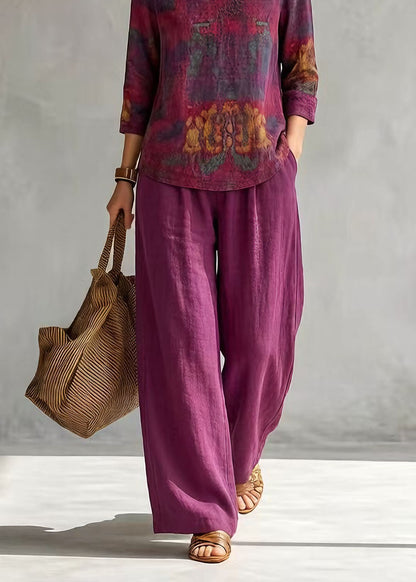 Casual V Neck Print Top And Pants Cotton Two-Piece Set Summer