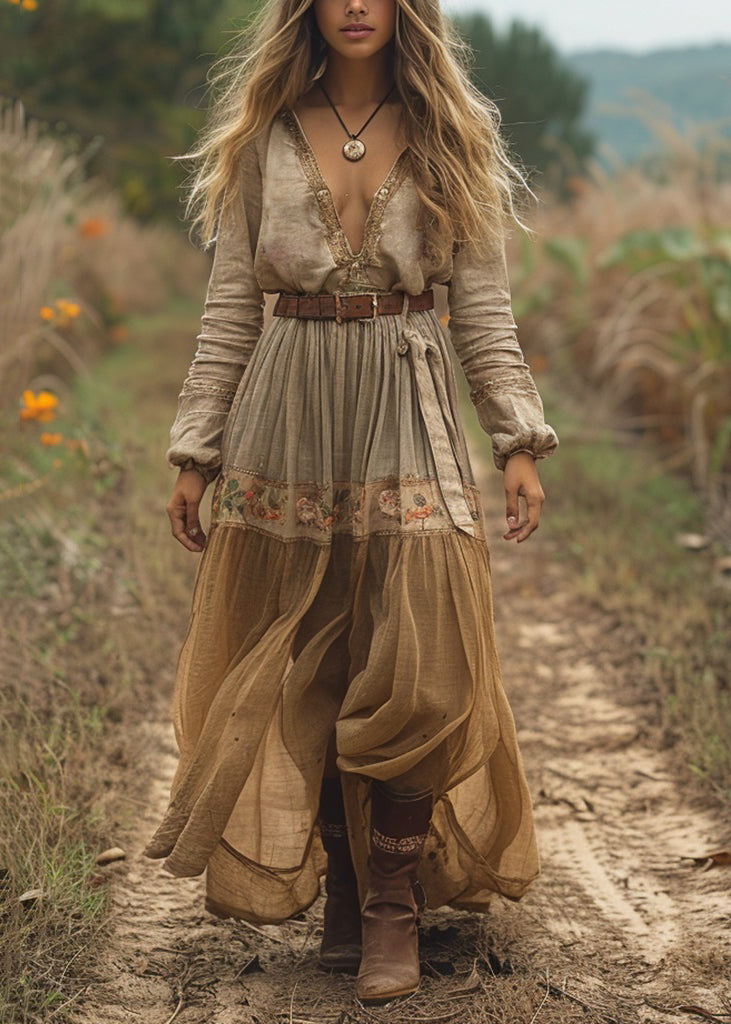 Casual V Neck Print Wrinkled Cotton Long Dress Spring