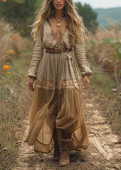 Casual V Neck Print Wrinkled Cotton Long Dress Spring