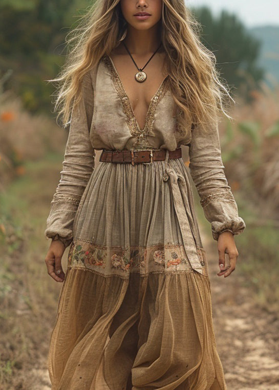 Casual V Neck Print Wrinkled Cotton Long Dress Spring