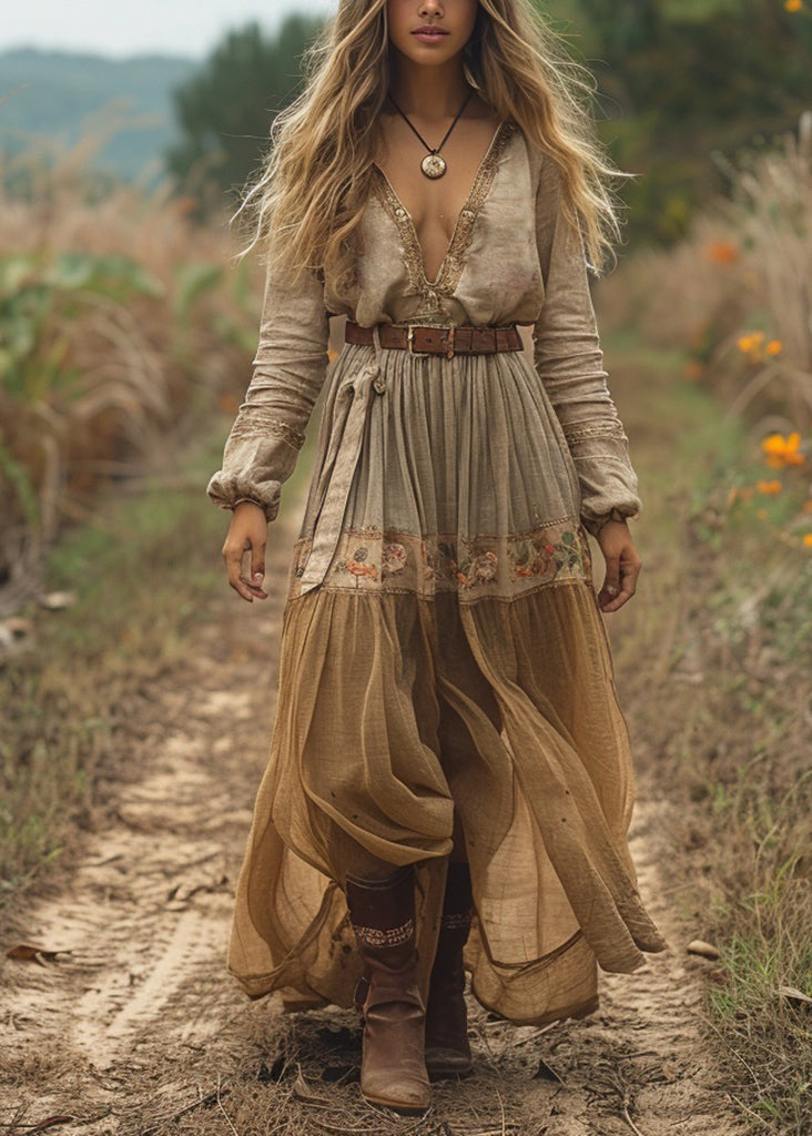 Casual V Neck Print Wrinkled Cotton Long Dress Spring