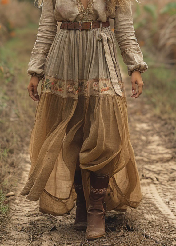 Casual V Neck Print Wrinkled Cotton Long Dress Spring