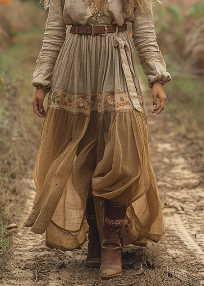 Casual V Neck Print Wrinkled Cotton Long Dress Spring