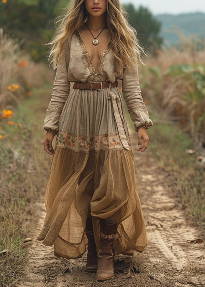 Casual V Neck Print Wrinkled Cotton Long Dress Spring