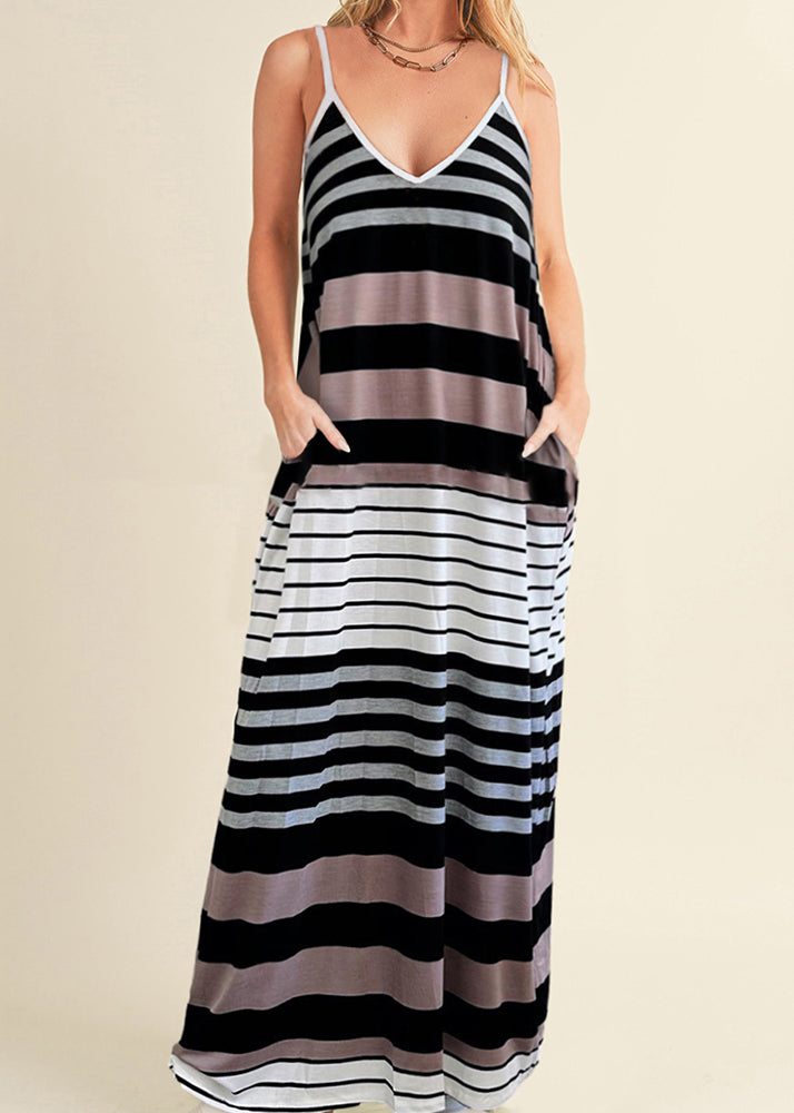 Casual V Neck Striped Pockets Maxi Spaghetti Strap Dress Summer