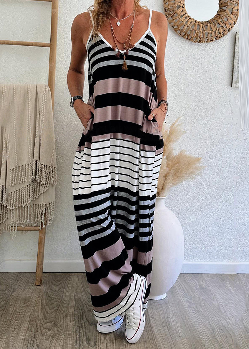 Casual V Neck Striped Pockets Maxi Spaghetti Strap Dress Summer