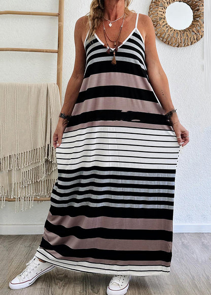 Casual V Neck Striped Pockets Maxi Spaghetti Strap Dress Summer
