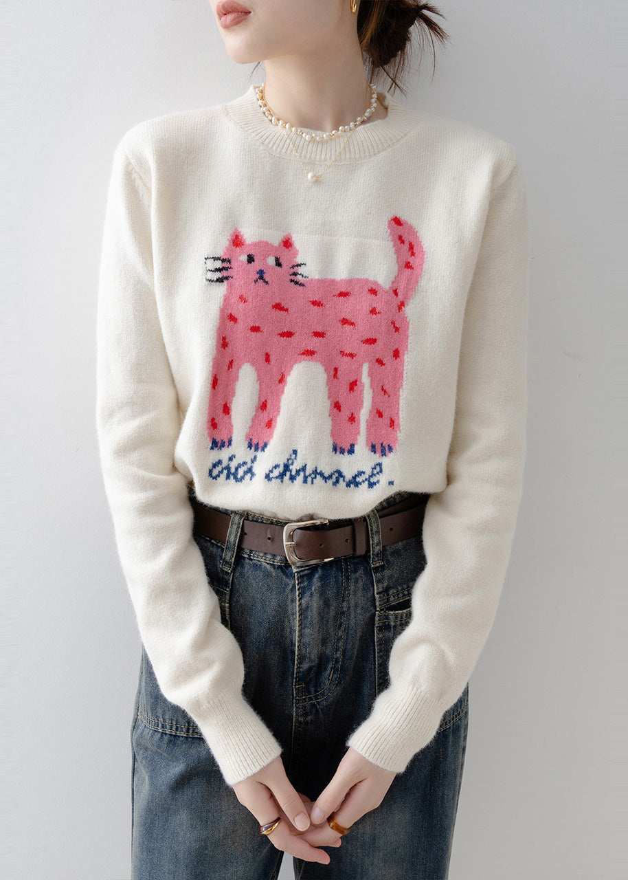 Casual White Cat Jacquard Thick Sweater Tops Winter