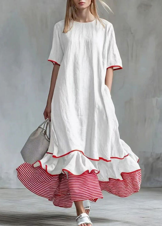 Casual White Exra Large Hem Patchwork Striped Maxi Dresses Short Sleeve