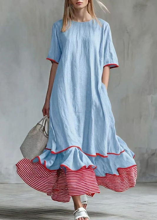 Casual White Exra Large Hem Patchwork Striped Maxi Dresses Short Sleeve