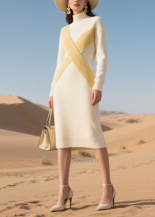 Casual White High Neck Patchwork Knit Dress Winter