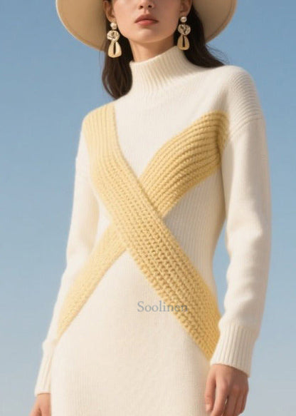 Casual White High Neck Patchwork Knit Dress Winter