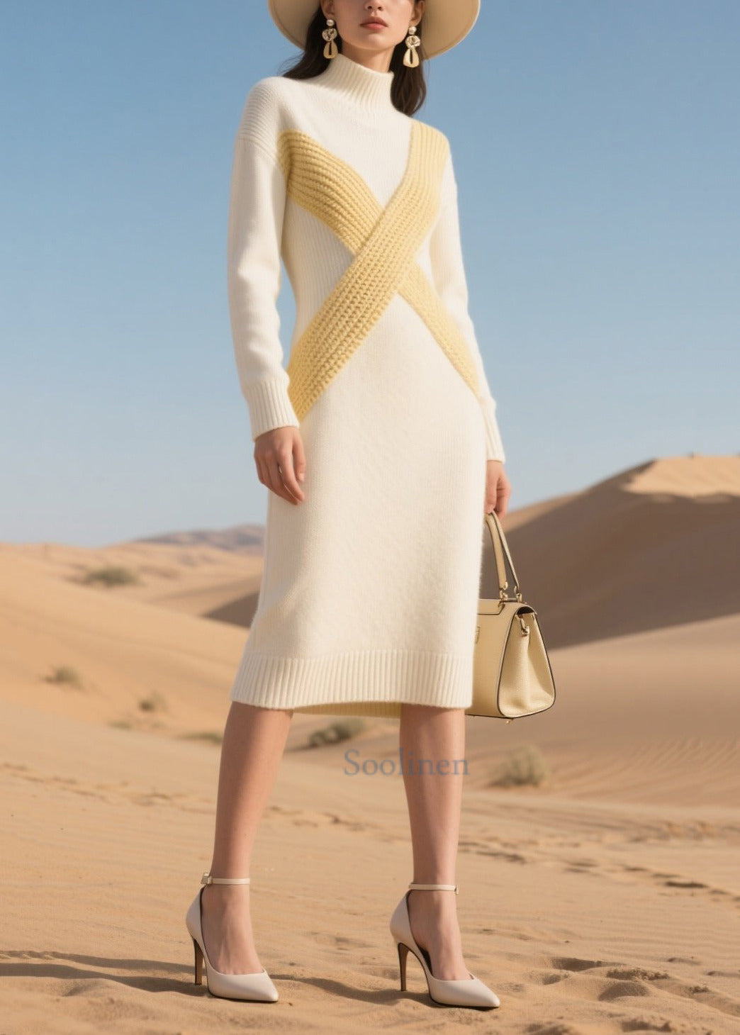 Casual White High Neck Patchwork Knit Dress Winter