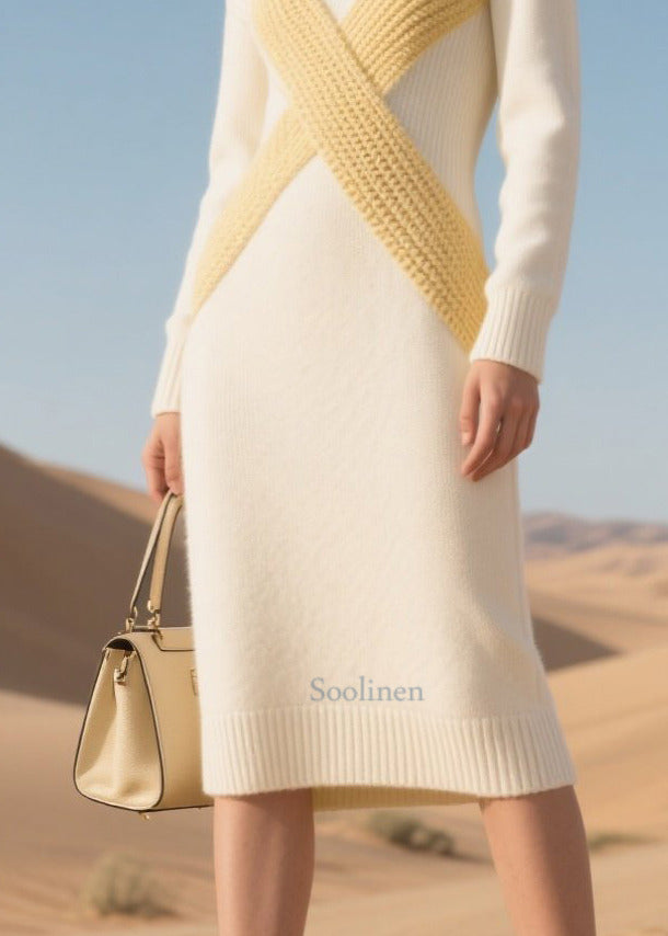 Casual White High Neck Patchwork Knit Dress Winter