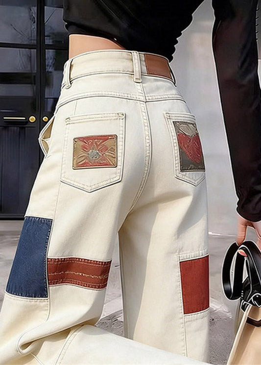 Casual White High Waist Pockets Print Straight Jeans Summer