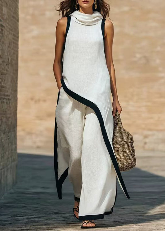 Casual White Hooded Asymmetrical Design Cotton Two Piece Set Outfits Summer