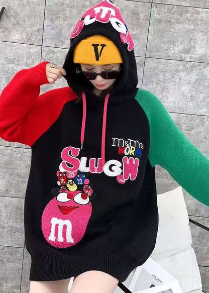 Casual White Hooded Cartoon Print Knit Top Spring