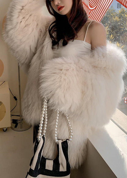 Casual White Hooded Oversized Fox Fur Coats Winter