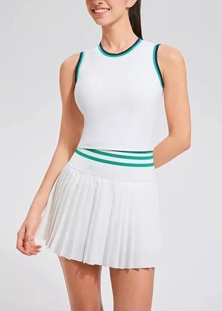 Casual White O-Neck Built-In Shorts With Pockets Sleeveless Tennis Sportswear Two Piece Set