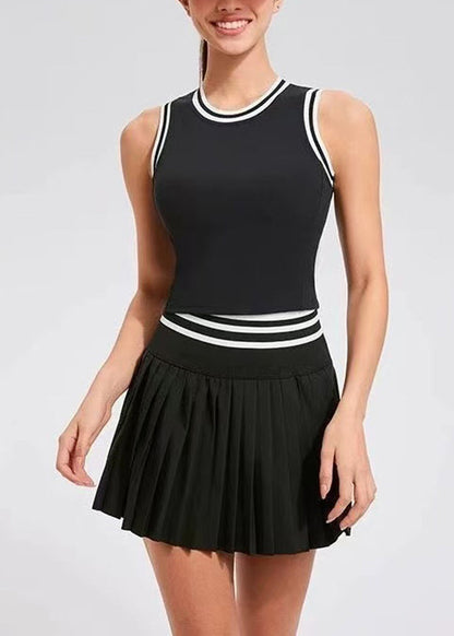 Casual White O-Neck Built-In Shorts With Pockets Sleeveless Tennis Sportswear Two Piece Set