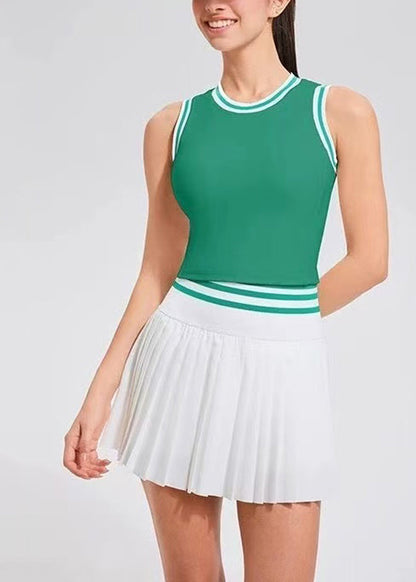 Casual White O-Neck Built-In Shorts With Pockets Sleeveless Tennis Sportswear Two Piece Set