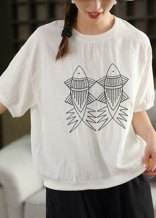 Casual White O Neck Embroidered Loose Linen T Shirts Summer