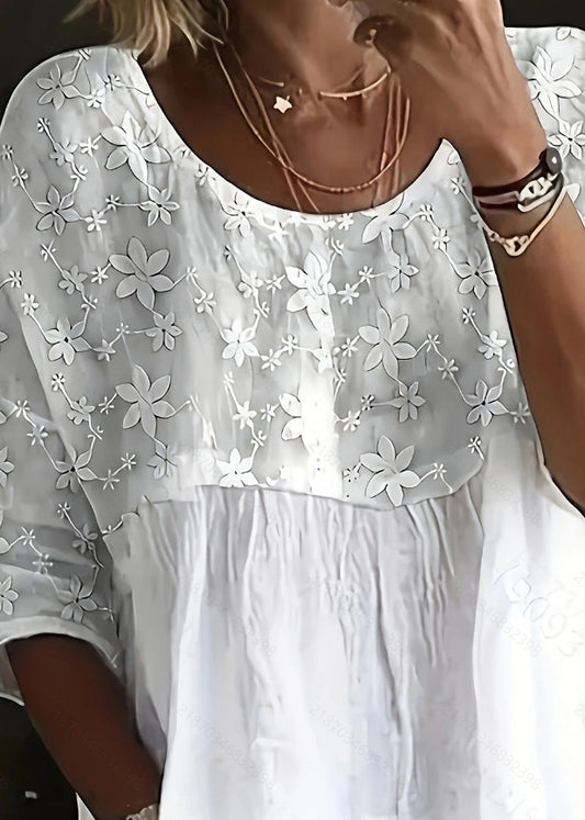 Casual White O Neck Floral Patchwork Cotton Top Summer
