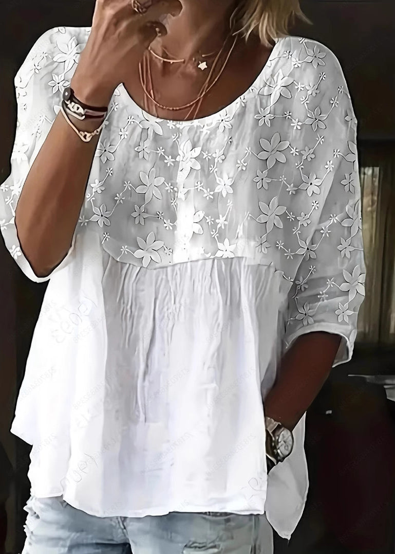 Casual White O Neck Floral Patchwork Cotton Top Summer