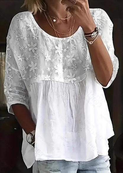 Casual White O Neck Floral Patchwork Cotton Top Summer