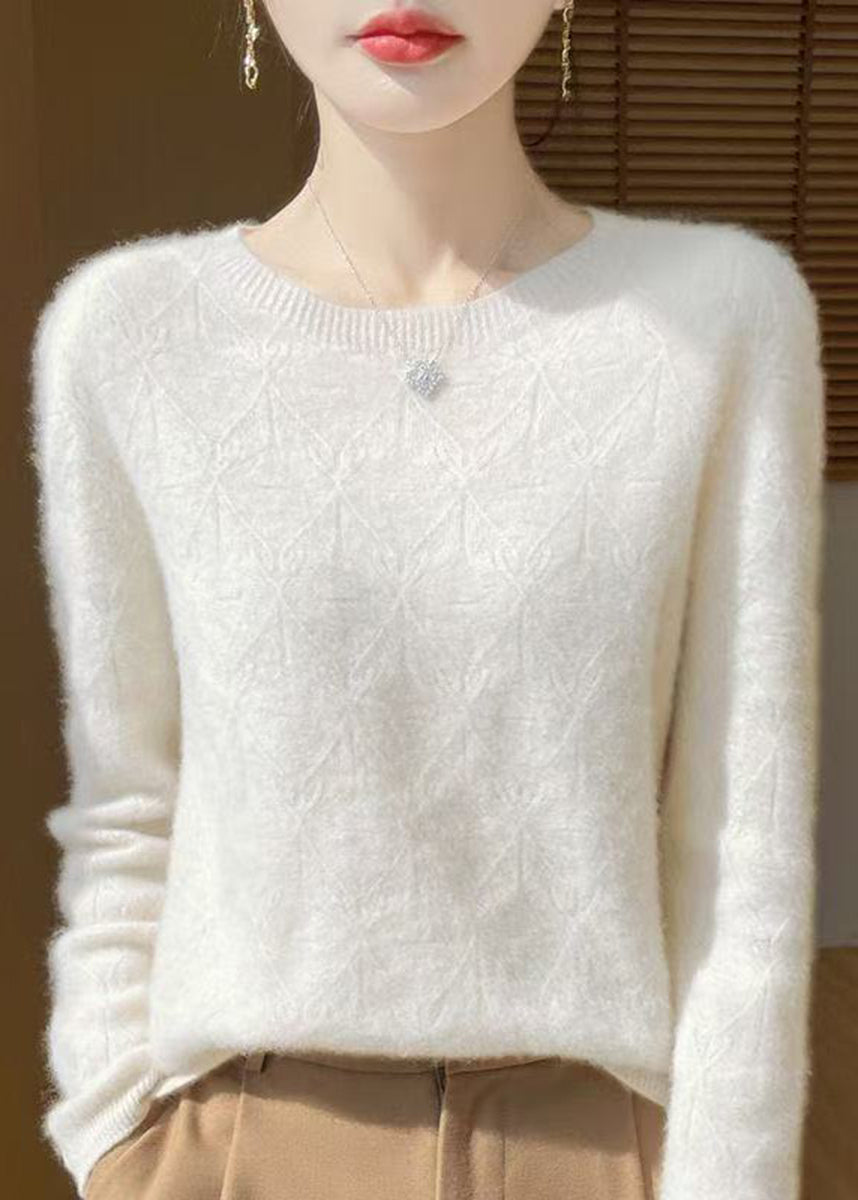 Casual White O-Neck Knitted Cotton Thread Shirts Fall
