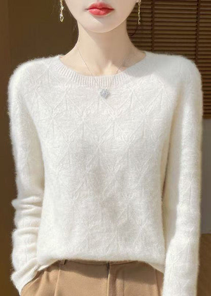 Casual White O-Neck Knitted Cotton Thread Shirts Fall