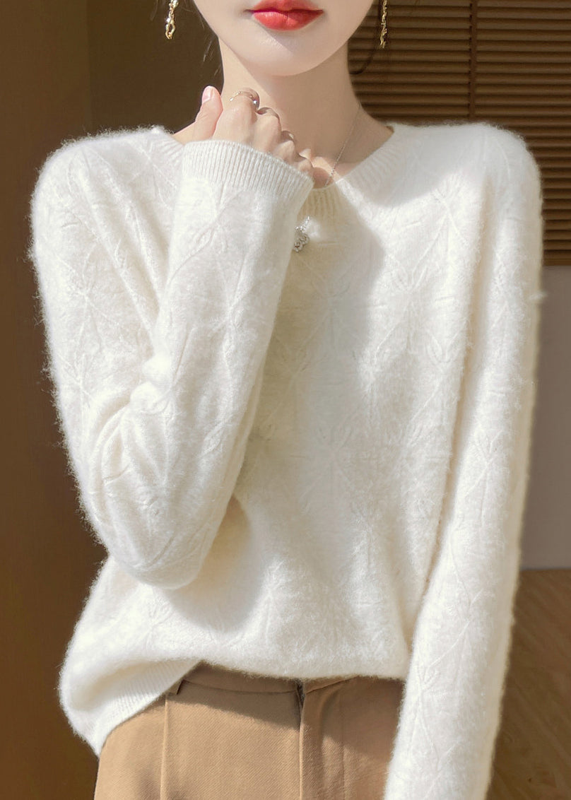 Casual White O-Neck Knitted Cotton Thread Shirts Fall