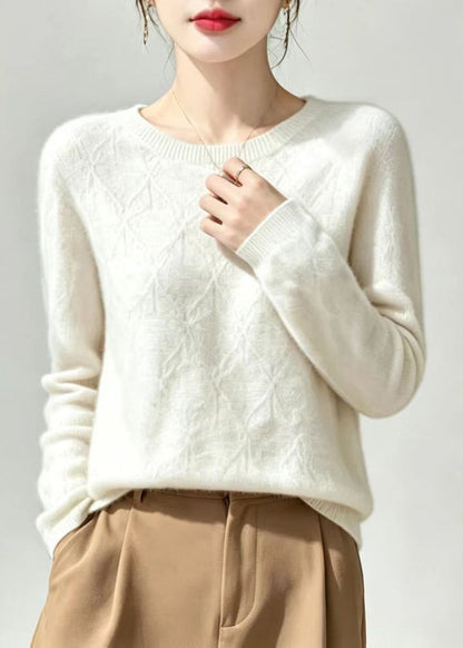Casual White O-Neck Knitted Cotton Thread Shirts Fall