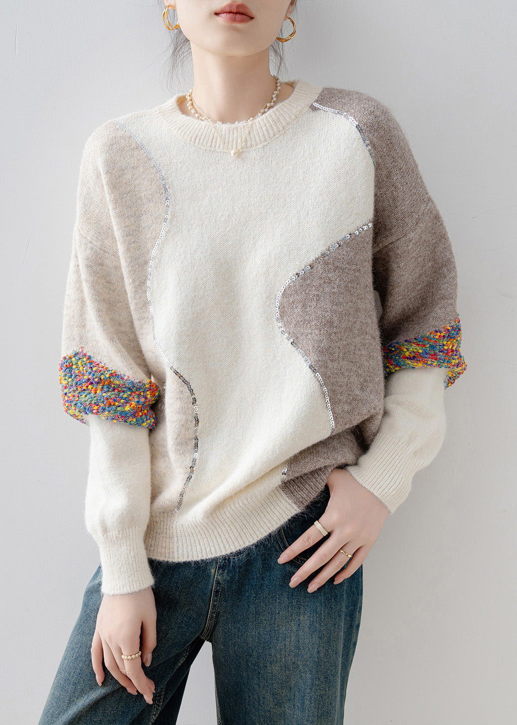 Casual White O Neck Sequins Patchwork Knit Sweaters Spring