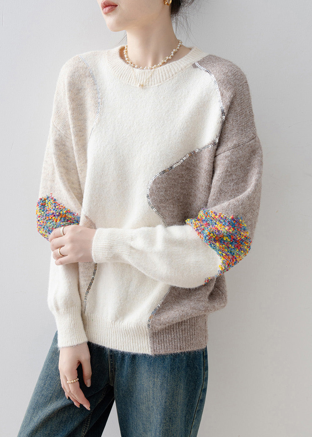 Casual White O Neck Sequins Patchwork Knit Sweaters Spring