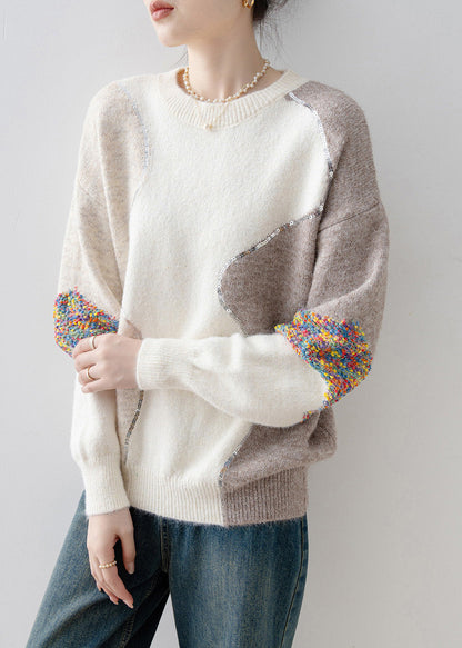 Casual White O Neck Sequins Patchwork Knit Sweaters Spring