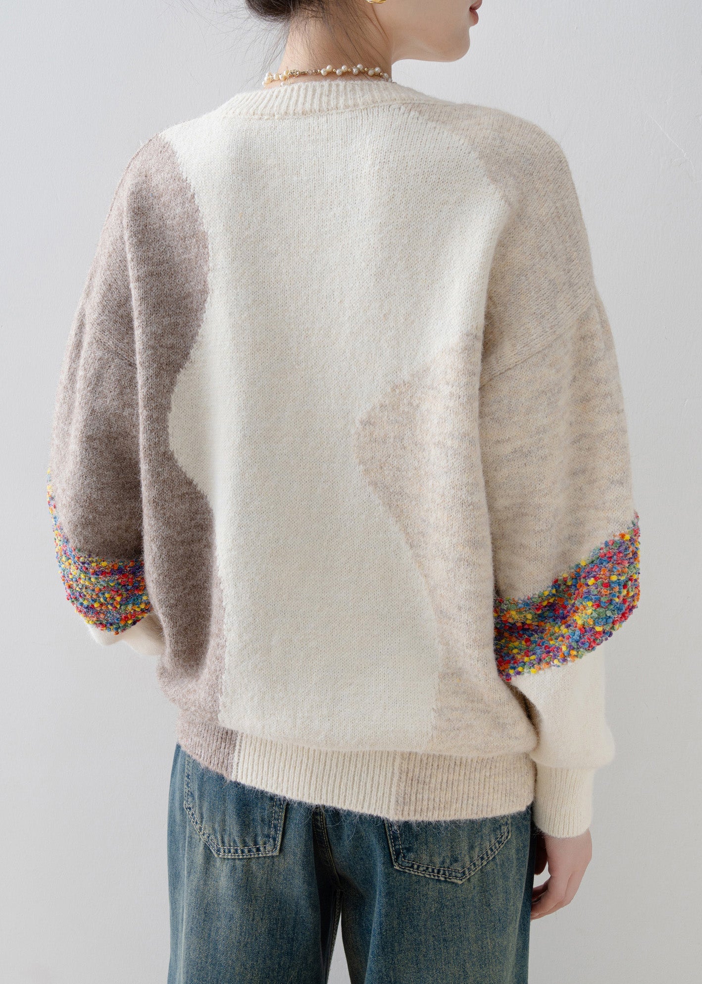 Casual White O Neck Sequins Patchwork Knit Sweaters Spring