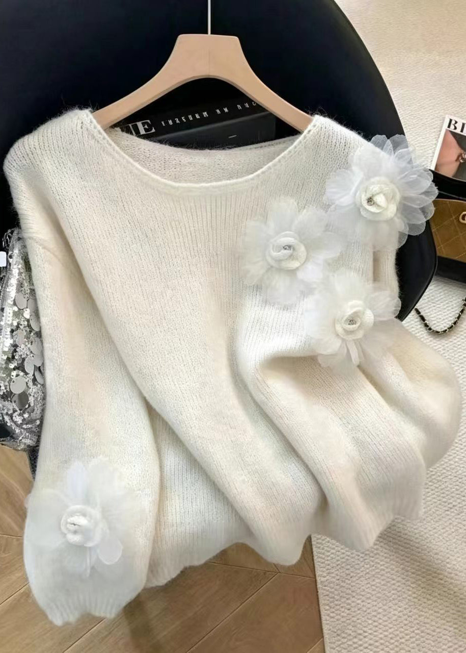 Casual White O-Neck Stereoscopic Floral Knit Sweaters Fall